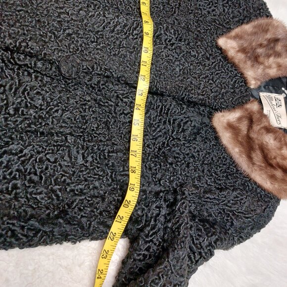 Vintage Malesi Furs Women's Black Luxury Curly Lamb Fur Coat Brown Mink Collar L - Picture 5 of 15